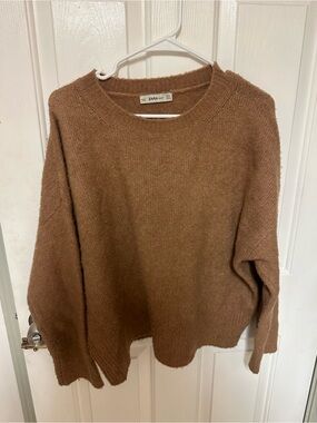 ZARA WOOL LONG SLEEVE CAMEL BROWN CREWNECK SWEATER TOP - SMALL